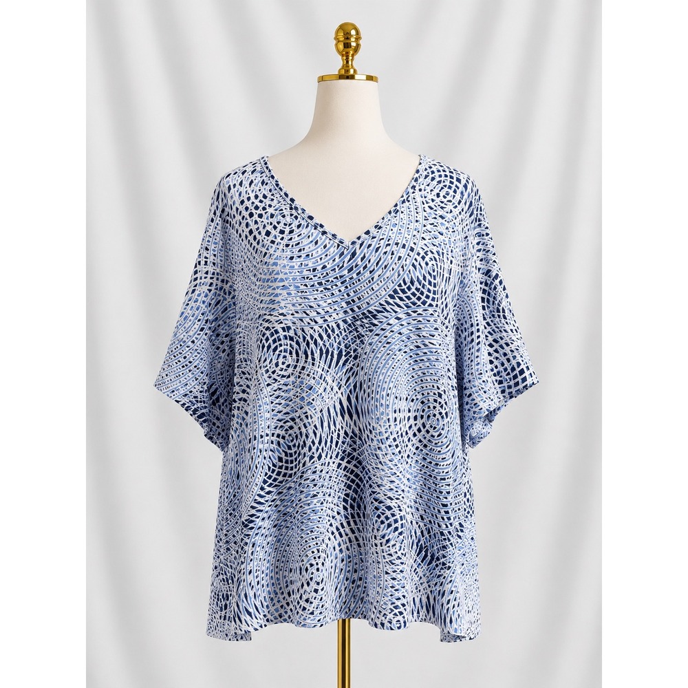 Ulla Popken Tee Top Plus Size 24/26 Blue White Geometric Print Cotton V-Neck
